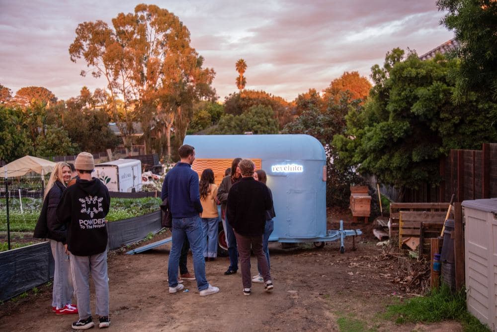 The cart at a party under a sunset sky