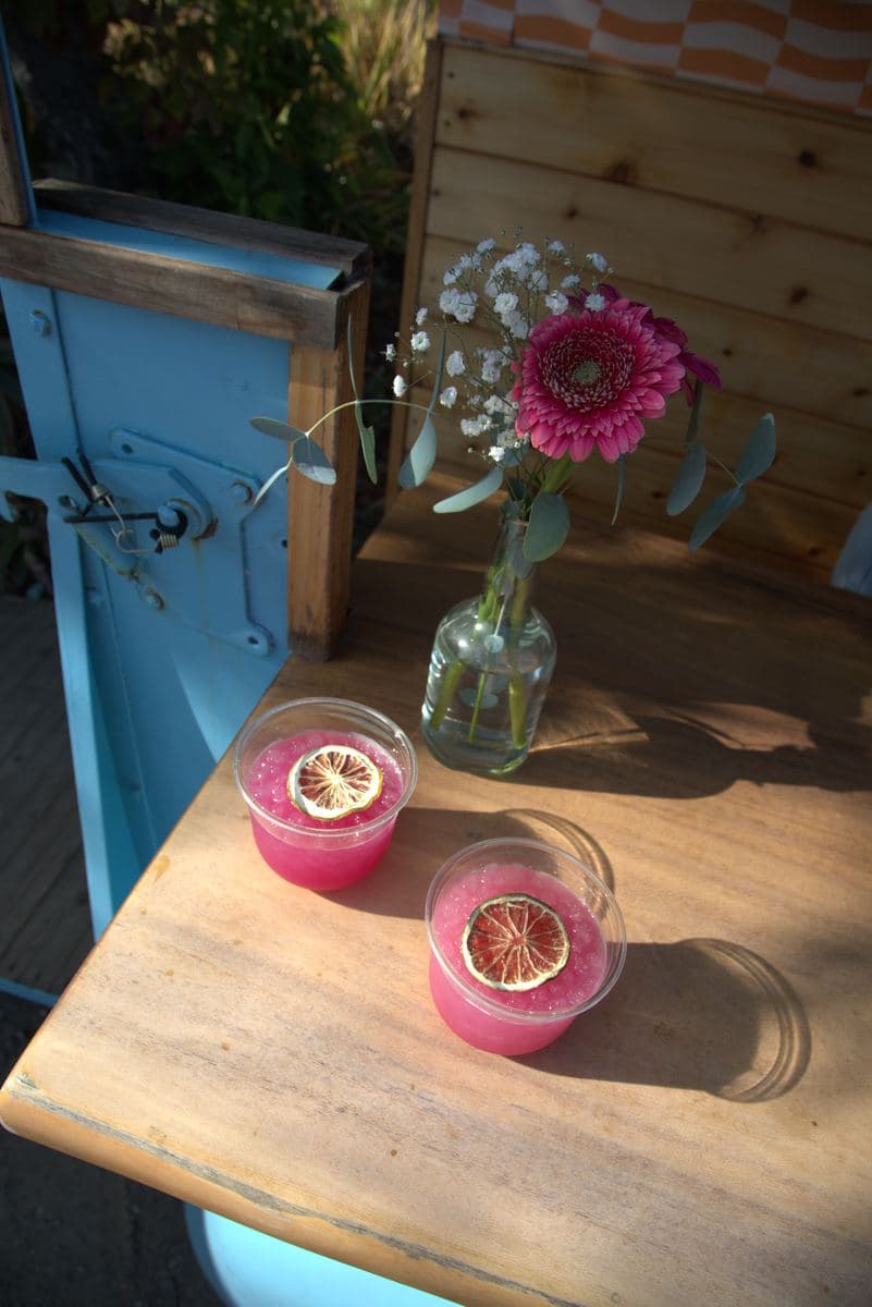Two pink margaritas with dried lime wheels on the bar top